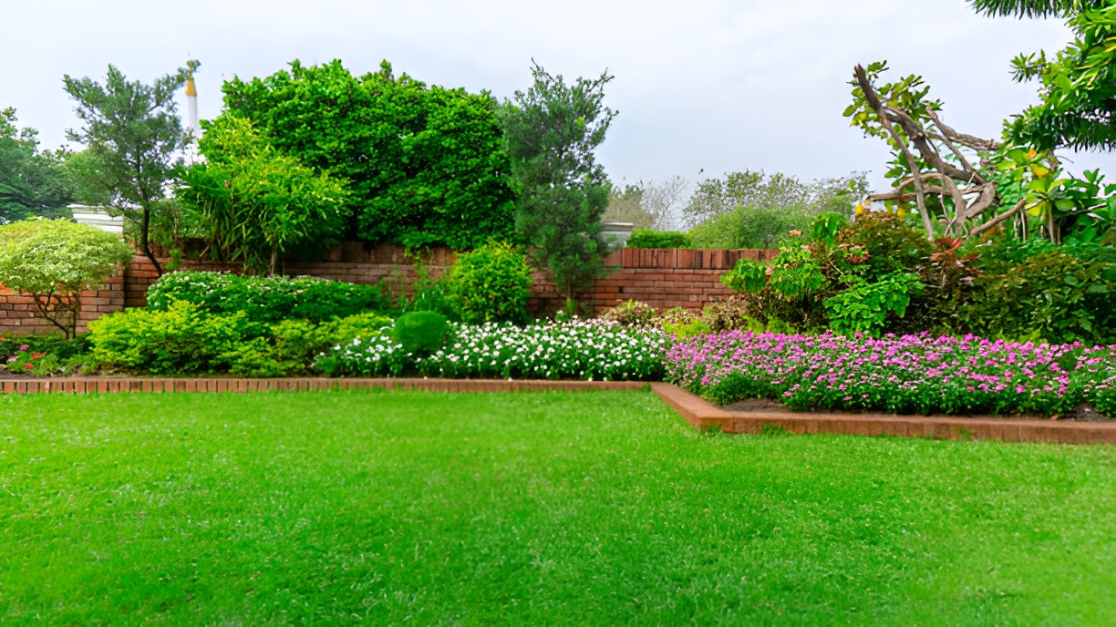backyard with a well-trimmed lawn, lush trees, and colorful flowers