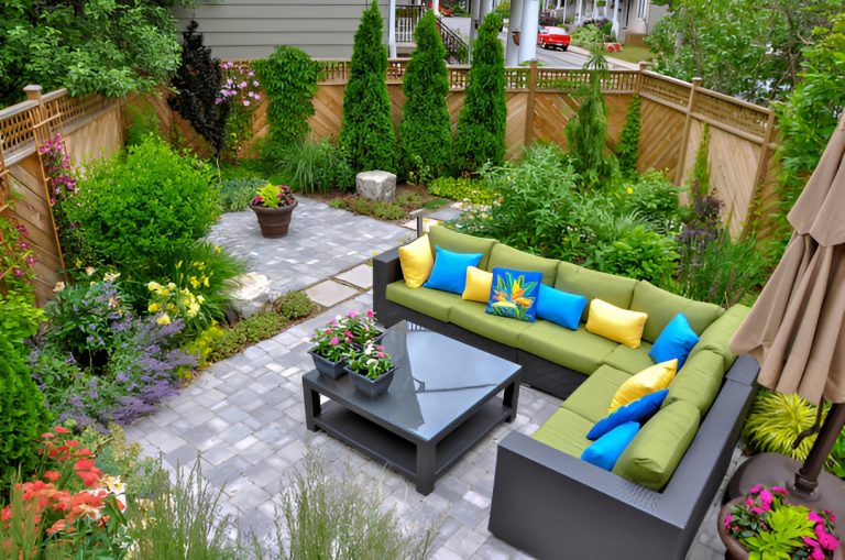 large backyard featuring plants. trees, and a patio with comfortable couches